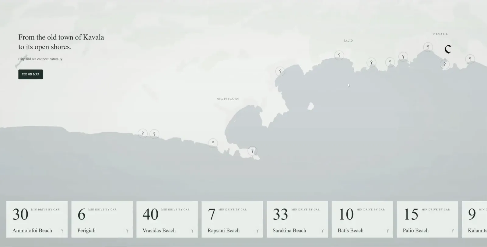 Castello’s interactive map: the Kavala coastline with its beaches, and cards giving the drive time to each.